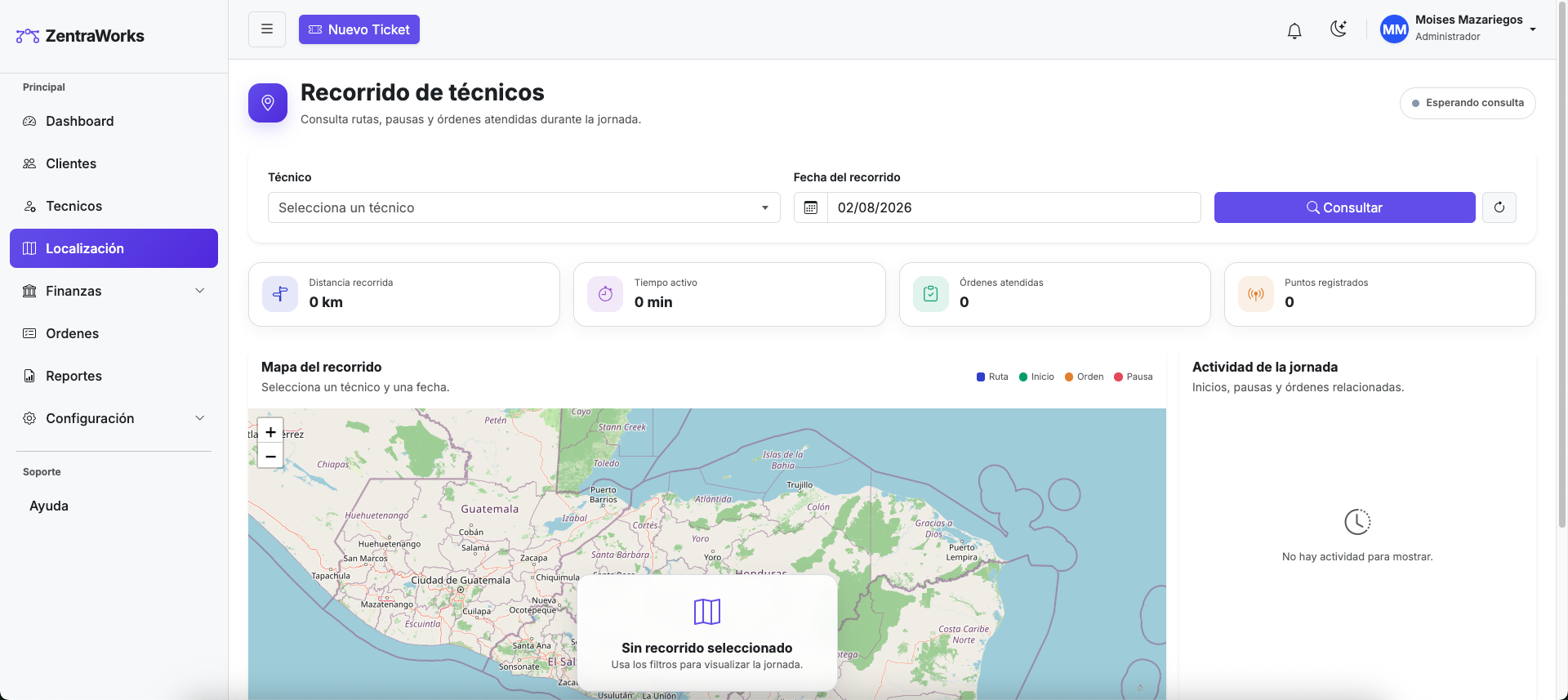 Mapa del recorrido de técnicos en ZentraWorks