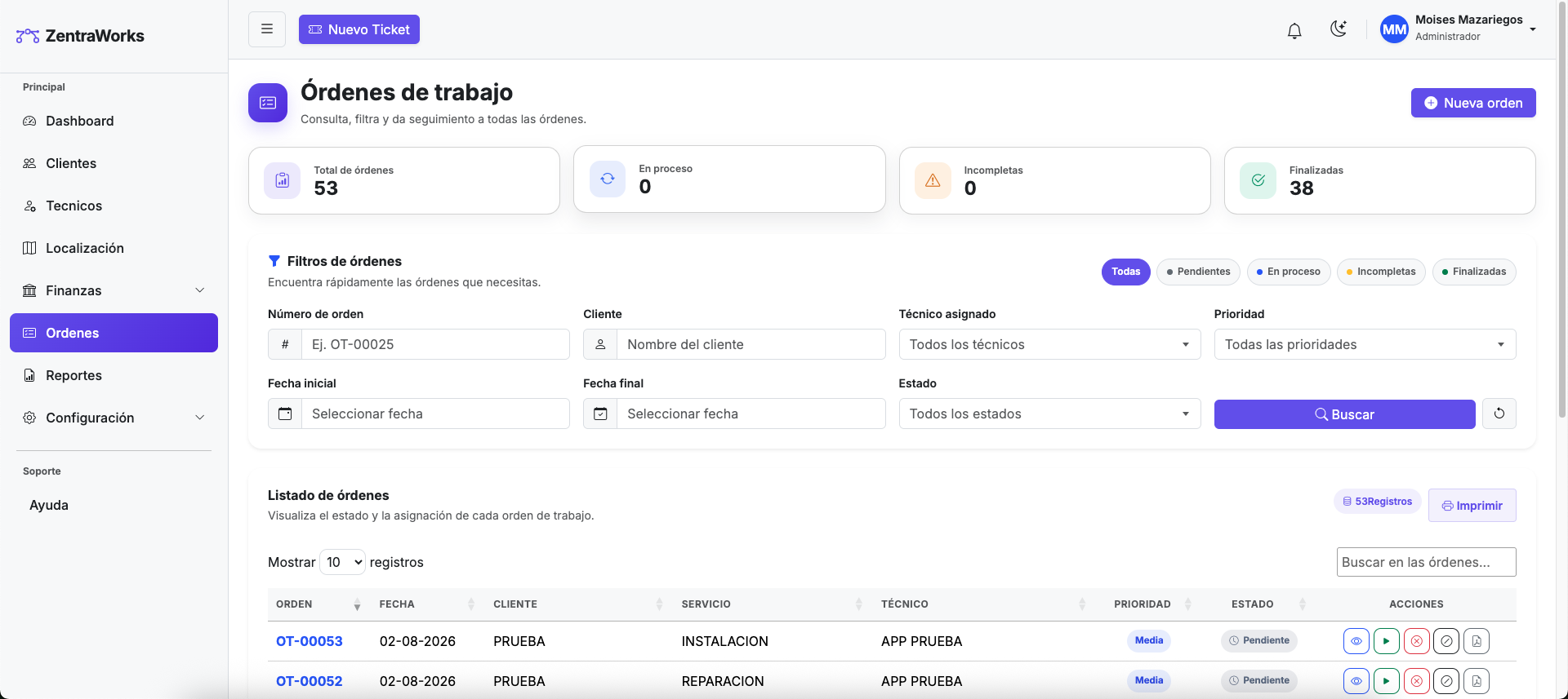 Administración de órdenes de trabajo en ZentraWorks